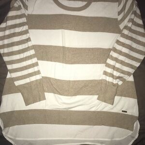 Calvin Klein Tan and White Striped Dress Blouse
